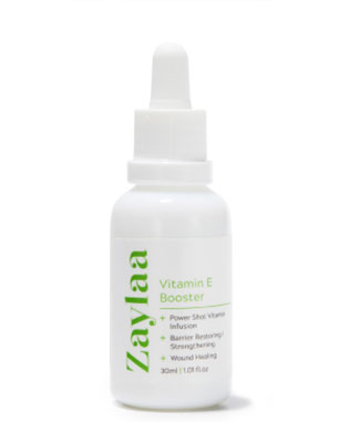 Image of a bottle labeled 'Vitamin E Booster' with a dropper, on a white background